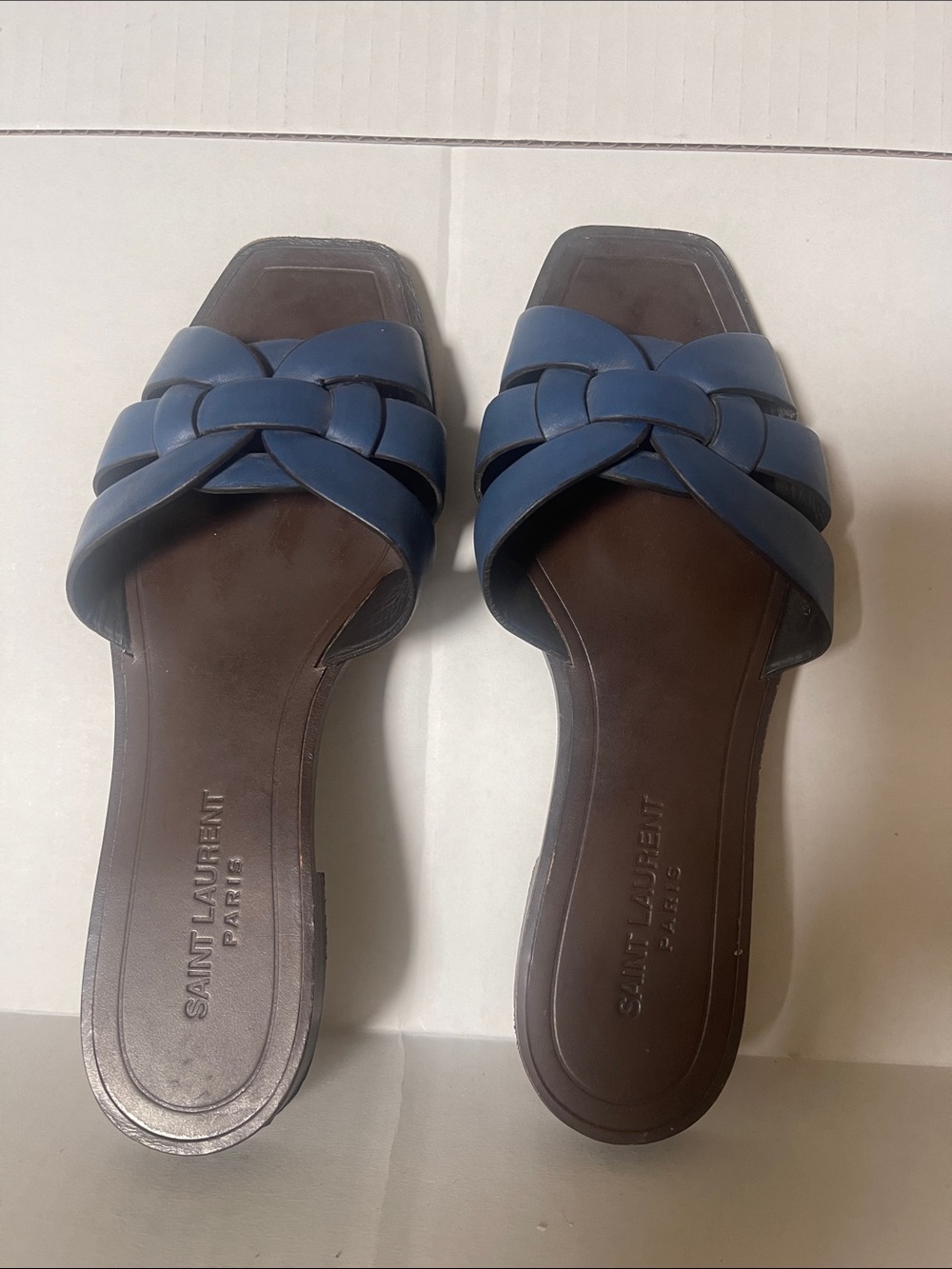 Saint Laurent Blue Braided Leather Slide Mules
